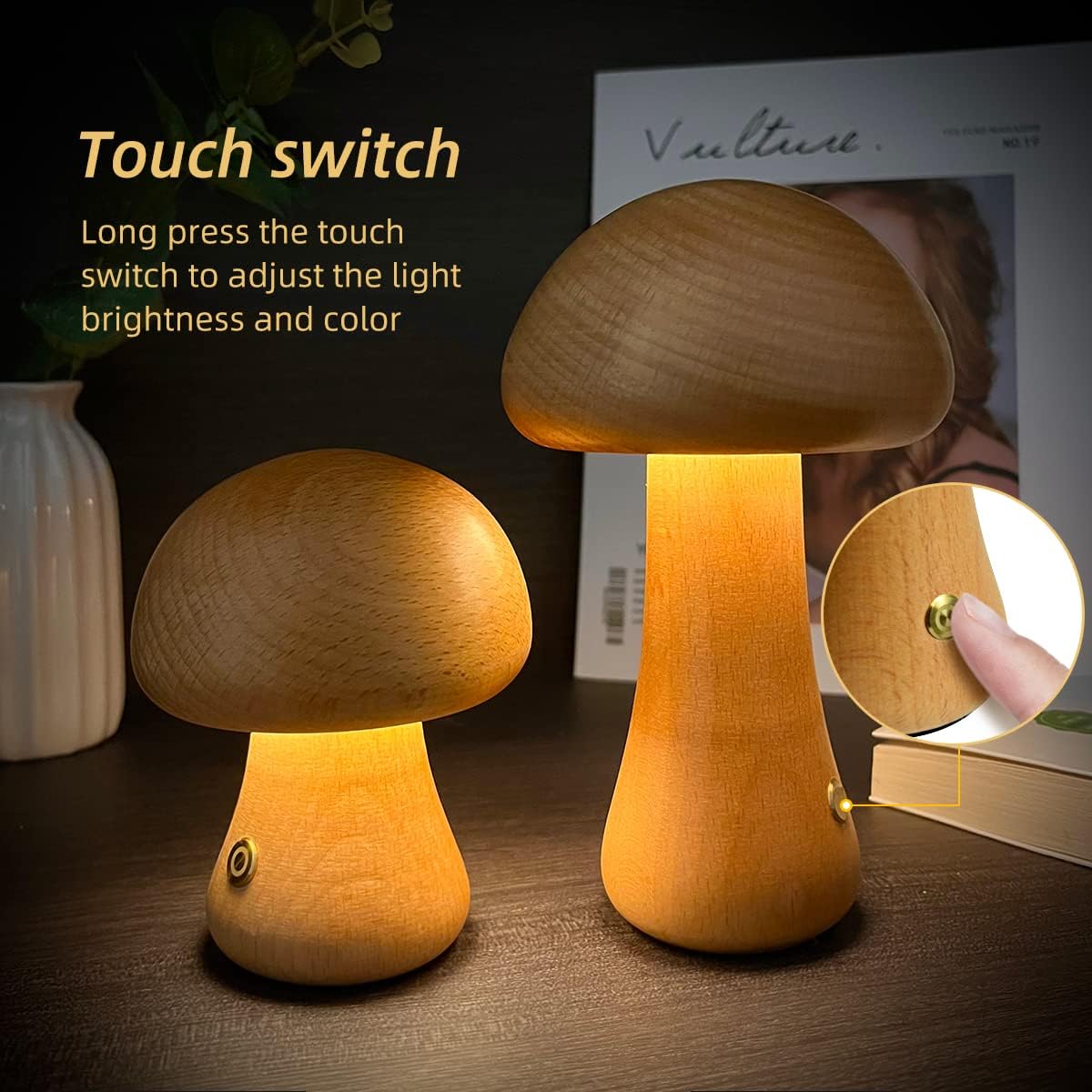 Wooden Cute Mushroom LED Night Light, Touch Switch
