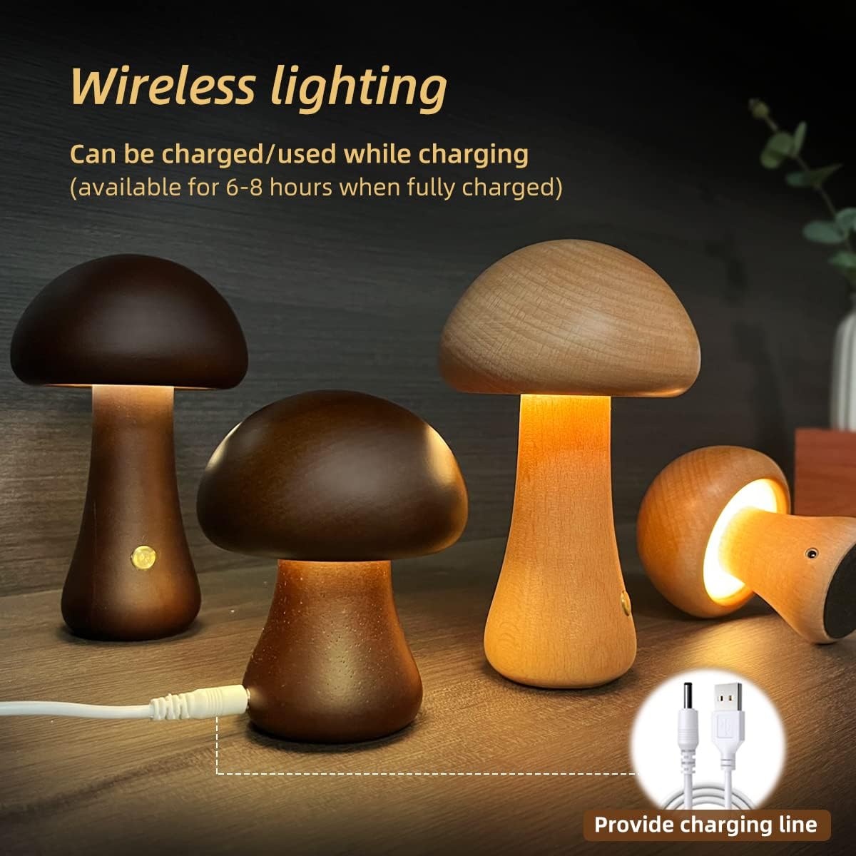 Wooden Cute Mushroom LED Night Light, Touch Switch
