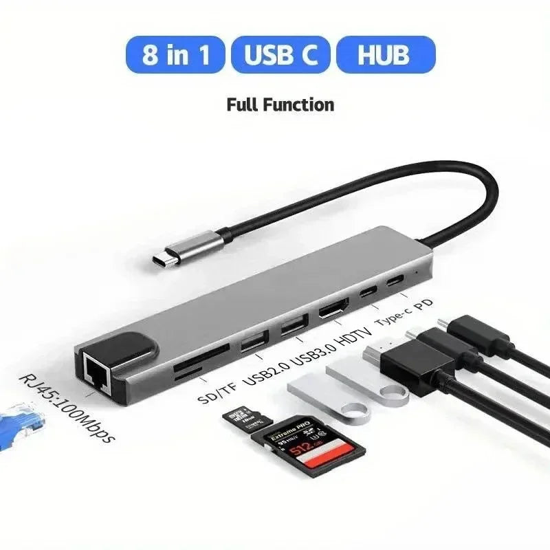 USB C Hub 8 In 1 Type C 3.1 To 4K HDMI Adapter with RJ45 SD/TF Card Reader PD Fast Charge for MacBook Notebook Laptop Computer