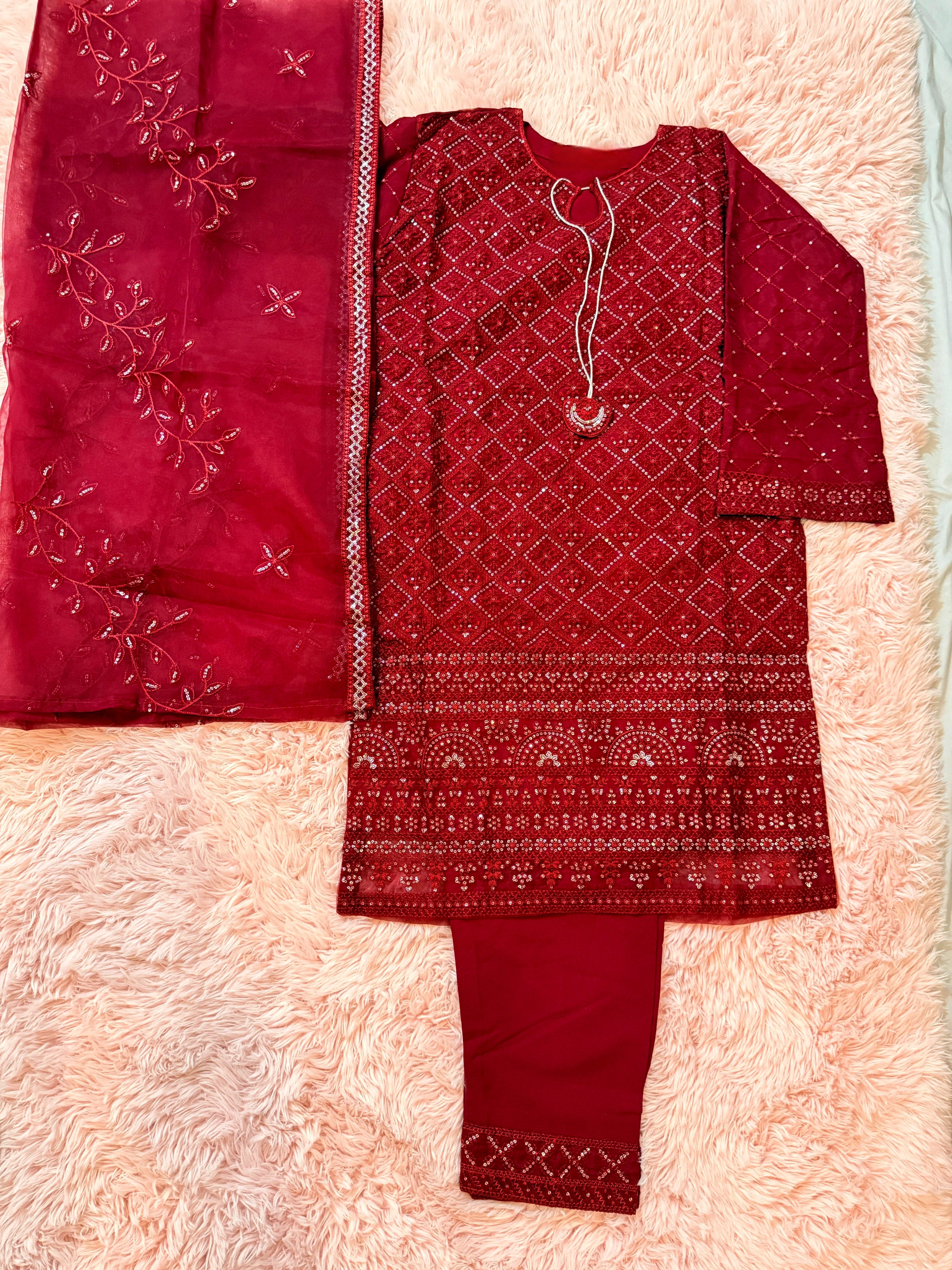 Elegant 3-Piece Red Traditional Suit for Eid Wedding & Party Wear