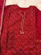 Elegant 3-Piece Red Traditional Suit for Eid Wedding & Party Wear