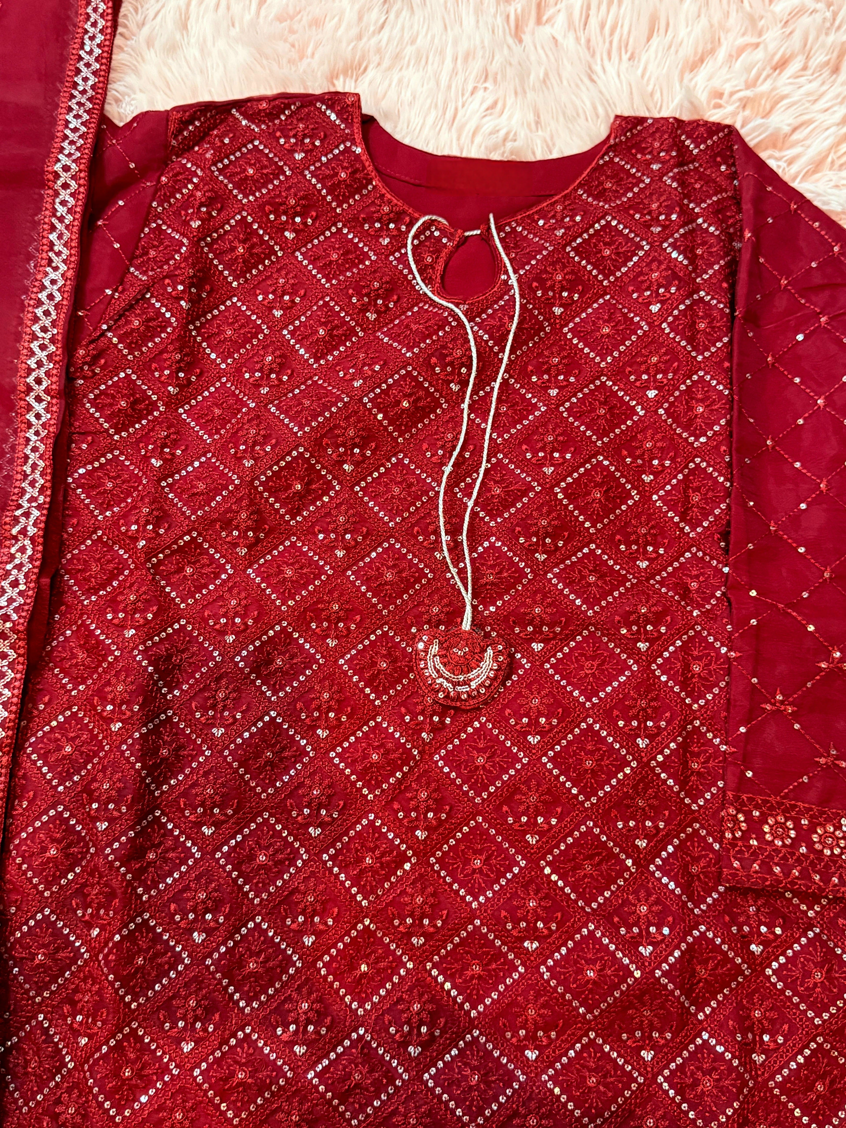 Elegant 3-Piece Red Traditional Suit for Eid Wedding & Party Wear