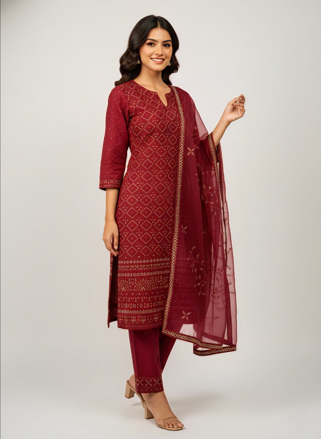 Elegant 3-Piece Red Traditional Suit for Eid Wedding & Party Wear